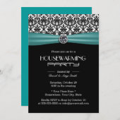 Aquamarines Ribbon Elegantes Damask Housewarming P Einladung (Vorne/Hinten)