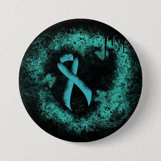 Aquamarines Ribbon Grunge Herz Button (Vorderseite)