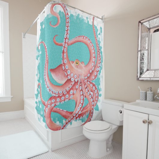 Aquamarines rotes Octopus-Buntglas Duschvorhang (Beispiel)