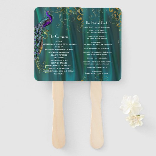Aquamarines Satin mit Pfauenhochzeitprogramm Fächer (Vorne und Hinten)