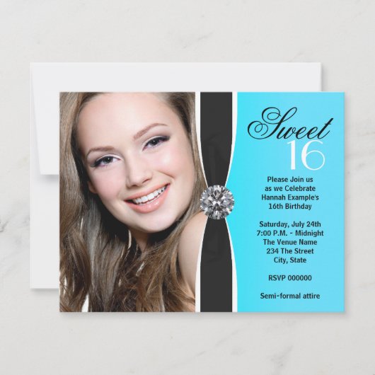 Aquamarines Schwarz-weißes Foto Geburtstagsparty Einladung (Vorderseite)