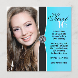 Aquamarines Schwarz-weißes Foto Sweet 16 Geburtsta Einladung