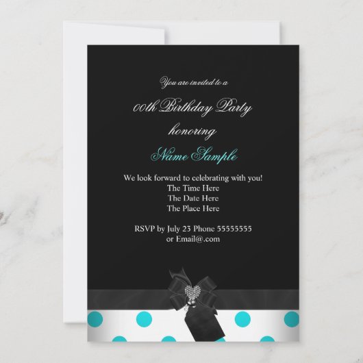 Aquamarines Schwarz-weißes Herz Polka Dots Heelse Einladung (Rückseite)