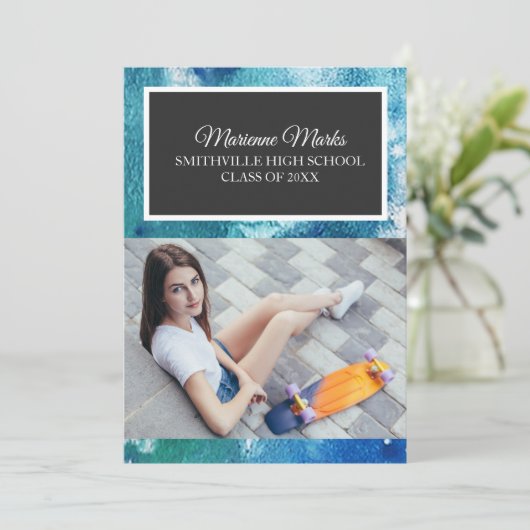 Aquamarines Schwarzes Foto Abschluss Uni Trunk Par Einladung (Stehend Vorderseite)