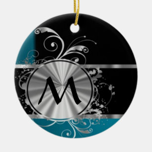 Aquamarines schwarzes und silbernes Monogramm Keramikornament