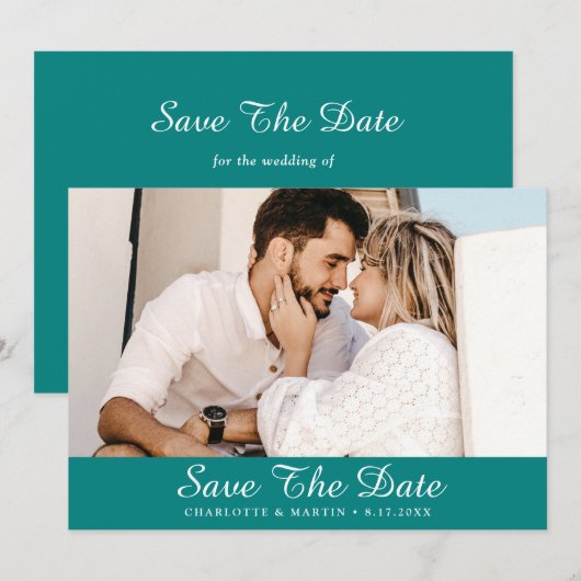 Aquamarines Script-Hochzeitungs-Foto Speichern Sie Save The Date (Vorne/Hinten)