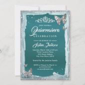 Aquamarines Silber Diamond Butterfly Sparkle Quinc Einladung (Vorderseite)