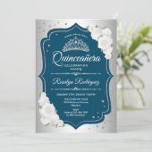 Aquamarines Silber Elegant Quinceanera Einladung (Stehend Vorderseite)