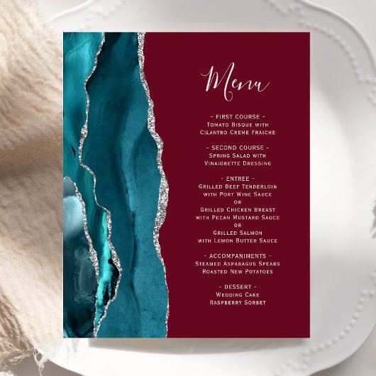 Aquamarines Silver Agate Burgundy Wedding Menu