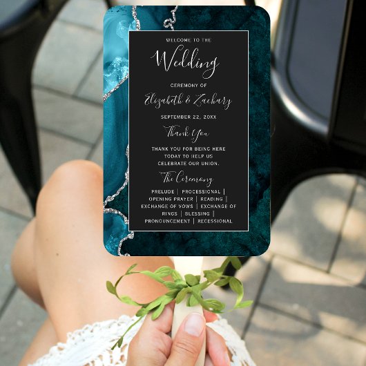 Aquamarines Silver Agate Dark Wedding Program Fächer