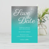 Aquamarines Silver Fine Glitzer Ombre Save the Dat Einladung (Stehend Vorderseite)