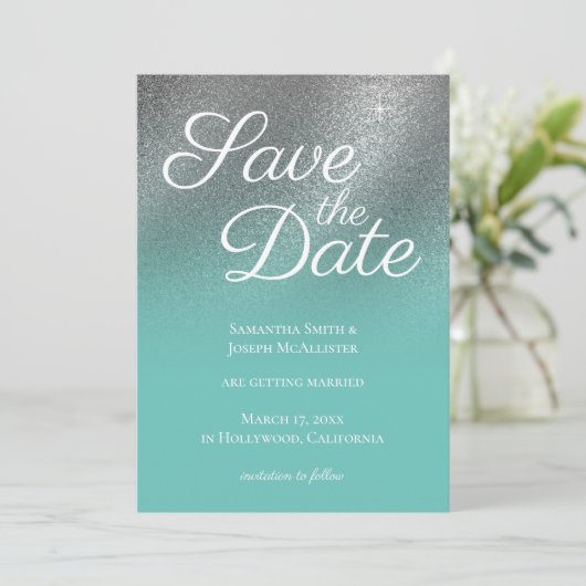 Aquamarines Silver Fine Glitzer Ombre Save the Dat Einladung (Stehend Vorderseite)