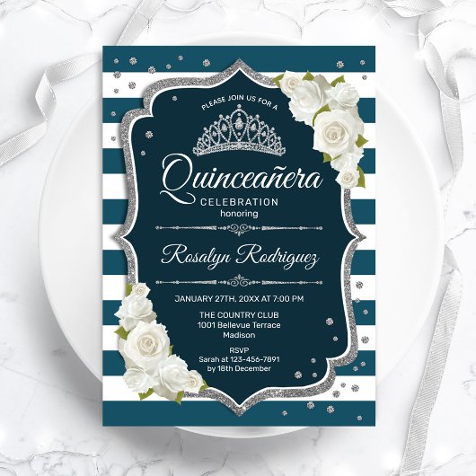 Aquamarines Silver White Elegante Quinceanera Einladung