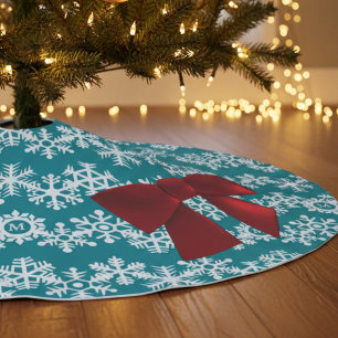 Aquamarines Snowflake Red Bow Weihnachtsbaumrock Polyester Weihnachtsbaumdecke