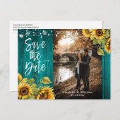 Aquamarines Sonnenblumenhochzeitungs-Foto Save the Ankündigungspostkarte (Vorne/Hinten)