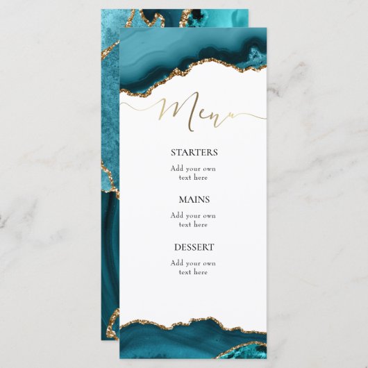 aquamarines Speisekarte mit türkisfarbenen Speisen Menükarte (Vorne/Hinten)