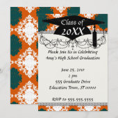 aquamarines, tangorange-weißes Damastmuster Einladung (Vorne/Hinten)