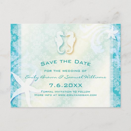 Aquamarines türkisfarbenes Seepferd Hochzeit Siche Ankündigungspostkarte (Vorderseite)