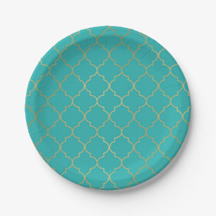 Aquamarines u. GoldQuatrefoil Muster-Party Pappteller