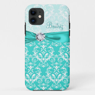 Aquamarines u. weißes elegantes Damast-Imitat-Ban iPhone 11 Hülle