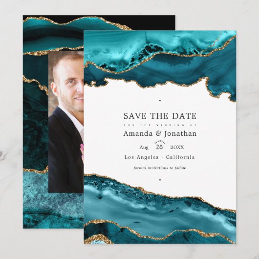 Aquamarines und Gold Agate Wedding Foto Save The Date (Vorne/Hinten)