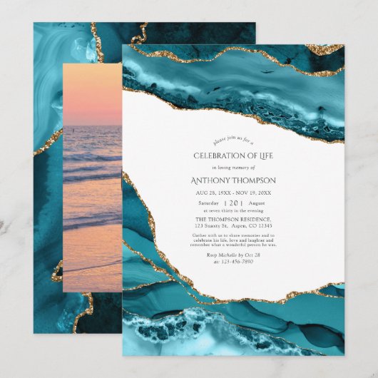 Aquamarines und goldenes Agate-Foto Einladung (Vorne/Hinten)