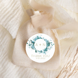 Aquamarines und goldenes Agate Watercolor Monogram Runder Aufkleber