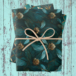 Aquamarines und goldenes Blumenmuster Geschenkpapier Set
