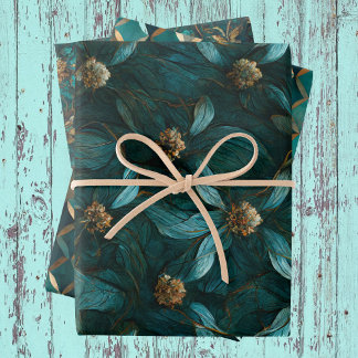 Aquamarines und goldenes Blumenmuster Geschenkpapier Set