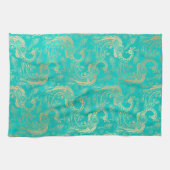 Aquamarines und goldfarbenes Pfauenmuster Geschirrtuch (Horizontal)