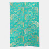 Aquamarines und goldfarbenes Pfauenmuster Geschirrtuch (Vertikal)