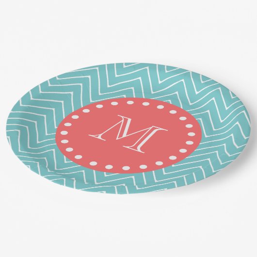 Aquamarines und korallenrotes Zickzack mit Pappteller (Schrägansicht)