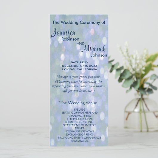 Aquamarines und Lavender Bokeh Hochzeitsprogramm Programm (Stehend Vorderseite)