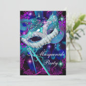 Aquamarines und Lila Masquerade-Ball-Party Einladung (Stehend Vorderseite)
