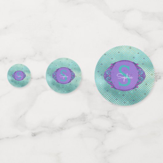 Aquamarines und Lila Mermaid-Scales Monogramm-Part Konfetti (Vorderseiten)