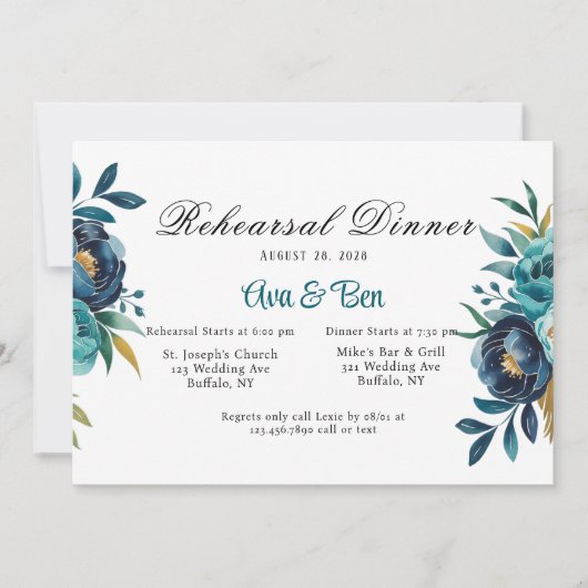 Aquamarines und Navy Blue Peony Probe Dinner Einladung (Vorderseite)