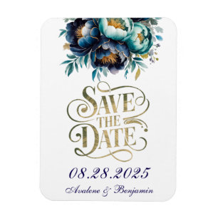 Aquamarines und Navy-Peony-Gold Save the Date Magnet