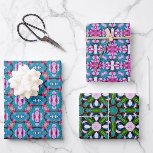 Aquamarines und rosa abstraktes Sternmuster Nr. 2 Geschenkpapier Set (Vorderseite)