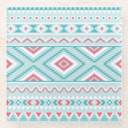 Aquamarines und rosa aztekisches Stammes- Muster Glasuntersetzer (Vorderseite)