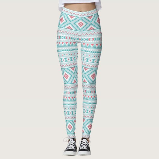 Aquamarines und rosa aztekisches Stammes- Muster Leggings (Vorderseite)