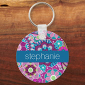 Aquamarines und rosa Blumenmuster mit individuelle Schlüsselanhänger (Vorderseite)