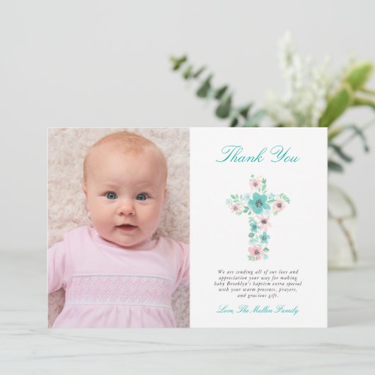 Aquamarines und rosafarbenes Foto zur Taufe des Bl Dankeskarte (Stehend Vorderseite)