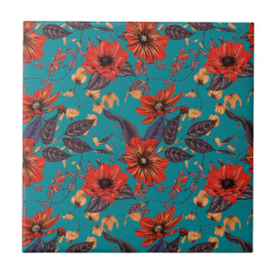 Aquamarines und rotes Blumenmuster Fliese