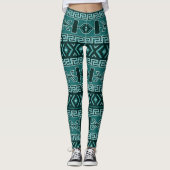 Aquamarines und schwarzes Aztekenmuster Leggings (Vorderseite)