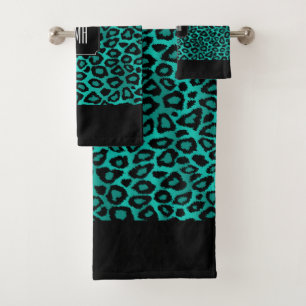 Aquamarines und schwarzes Leopardenmuster mit Mono Badhandtuch Set