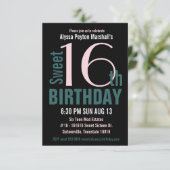 Aquamarines und Schwarzes Süß 16. Party Einladung (Stehend Vorderseite)