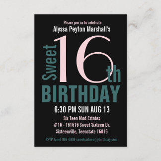 Aquamarines und Schwarzes Süß 16. Party Einladung