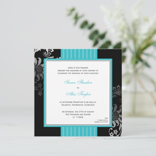 Aquamarines und schwarzes Verziertes Muster Hochze Einladung (Stehend Vorderseite)