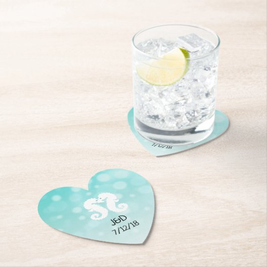 Aquamarines und weißes Seepferd Hochzeitsherz Unte Untersetzer (Vor Ort)