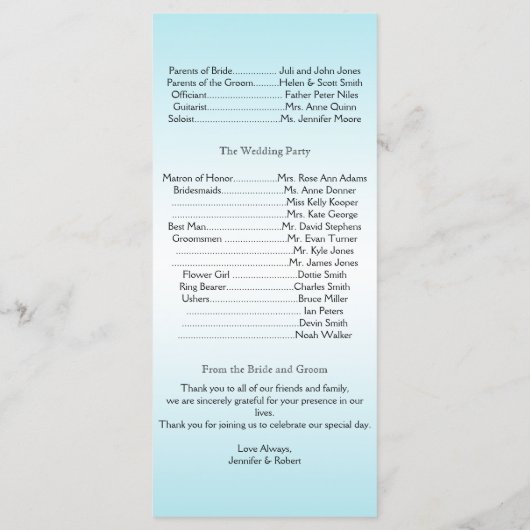 Aquamarines und weißes Zebra Diamond Hochzeitsprog Programm (Rückseite)